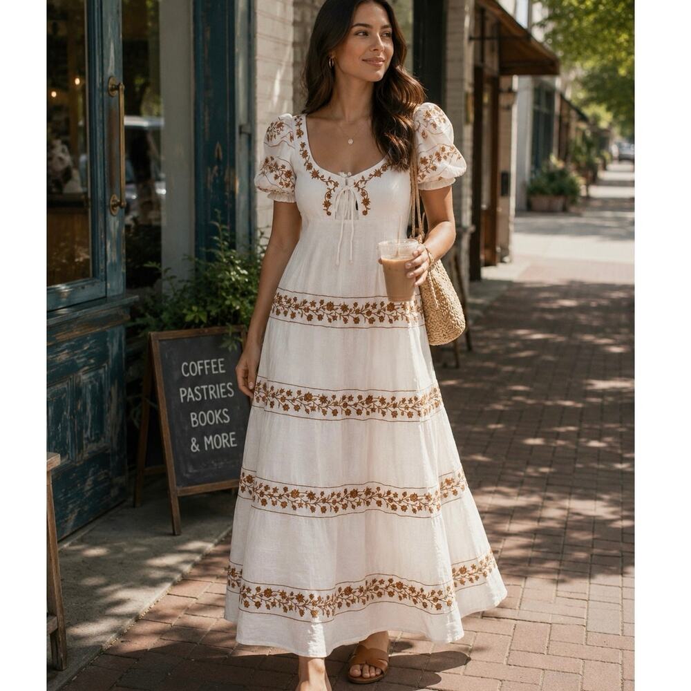 Agua by Agua Bendita Small Linen Maxi Dress Embroidered NWT- See Notes - Picture 3 of 16